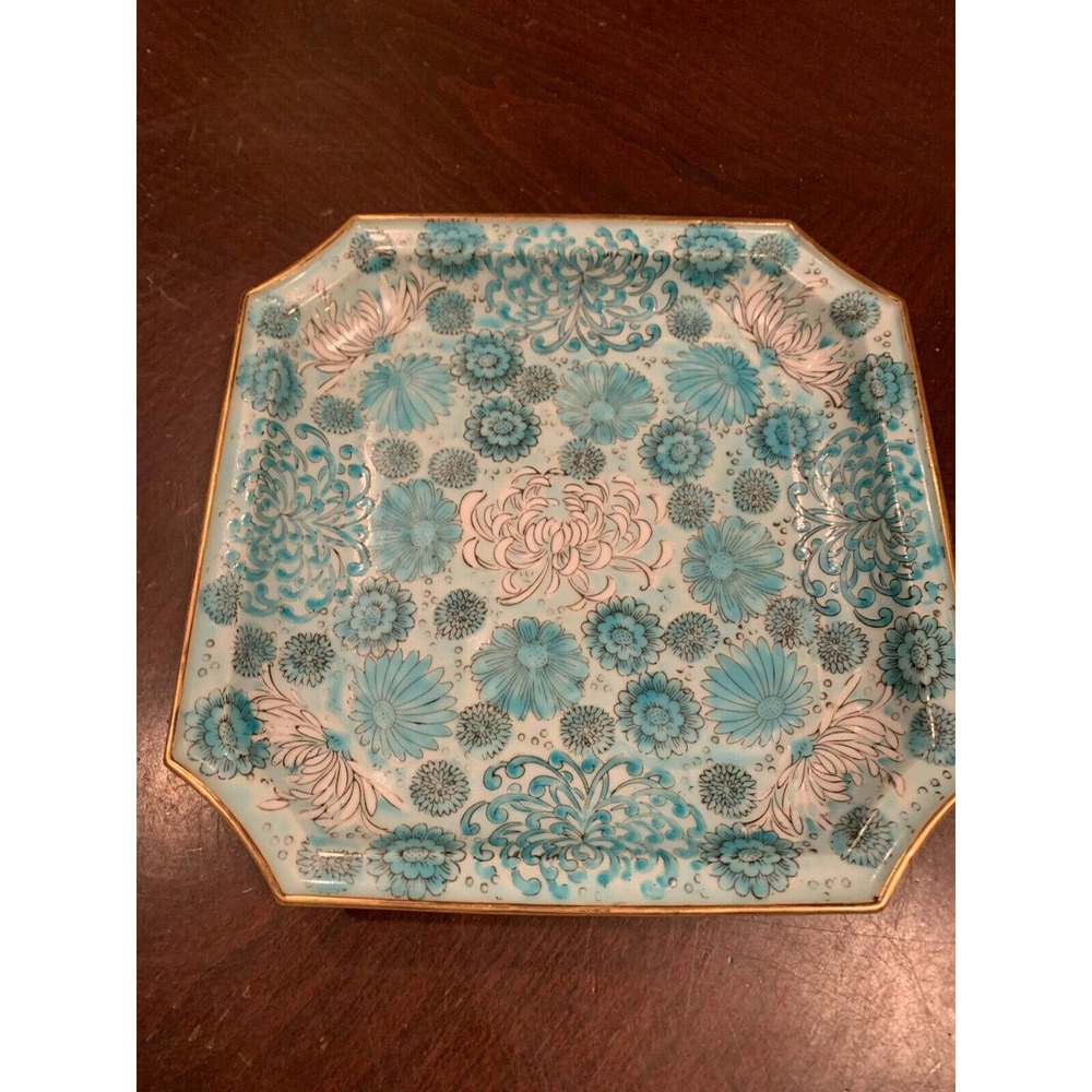 Vintage Japanese Collector's Blue Kutani Decorative Plate square notched corners